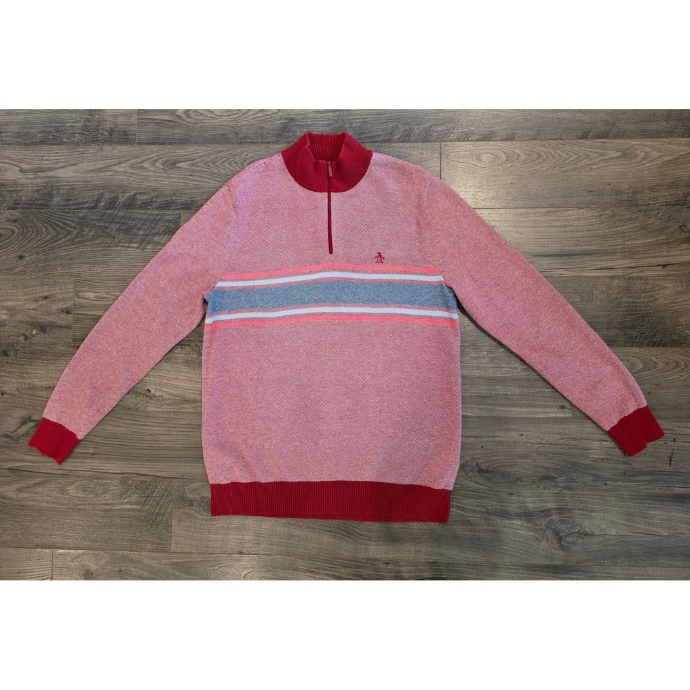 Men's Original Penguin Red Marl Striped 100% Cotton Quarter Zip Pullover Sweater